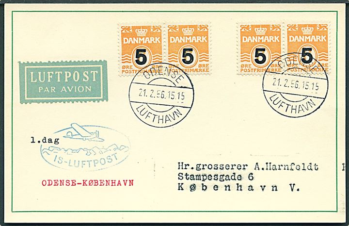 5/6 øre Provisorium (2 parstykker) på isluftpost brevkort annulleret med sjældent brotype IIb Odense Lufthavn d. 21.2.1956 til København.