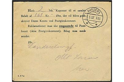 Kuvert (formulat S.8 6/29) til bilag for indsættelse på Postgiro-konto stemplet Randers d. 1.5.1937.