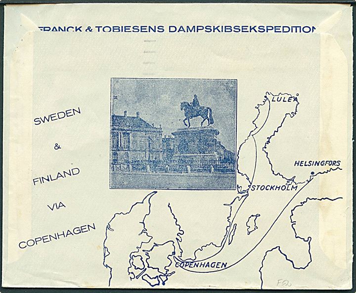 8 øre Bølgelinie med perfin F.T. på firmakuvert fra Franck & Tobiesens Dampskibsekspedition sendt som forretningspapirer lokalt i København d. 5.9.1934. Annulleret med forsøgsstempel fra København OMK.