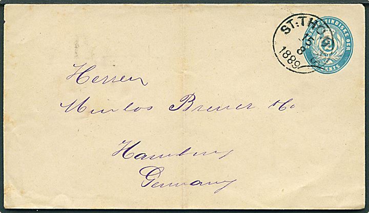2 cents helsagskuvert stemplet St: Thomas d. 15.8.1889 til hamburg, Tyskland. Lodret fold.