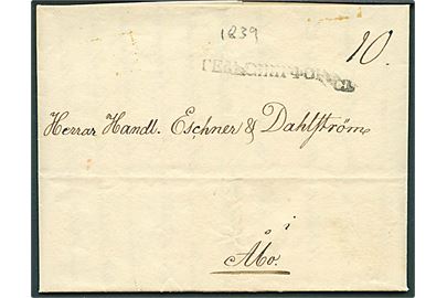 1839. Francobrev med indhold dateret d. 19.4.1839 og kyrillisk liniestempel Helsingfors til Åbo.