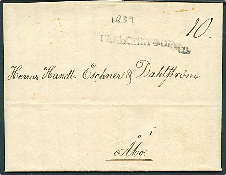 1839. Francobrev med indhold dateret d. 19.4.1839 og kyrillisk liniestempel Helsingfors til Åbo.