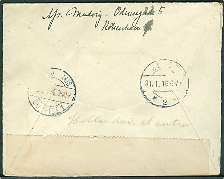 10 øre Chr. X i parstykke på brev fra Kjøbenhavn d. 26.10.1915 til interneret soldat i lejr Zeist, Holland. Åbnet af hollandsk militærcensur. Et mærke defekt.
