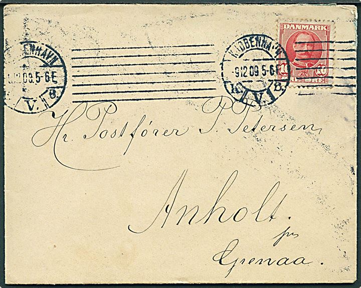 10 øre Fr. VIII på brev fra Kjøbenhavn d. 9.12.1909 til postfører P. Petersen, Anholt pr. Grenaa.