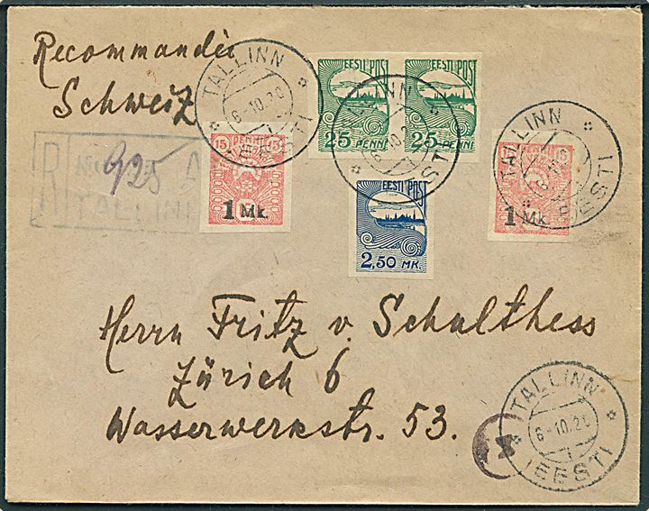 25 pen. (par), 2,50 mk. Tallin Skyline og 1 mk./15 pen. Provisorium (2) på anbefalet brev fra Tallinn d. 6.10.1920 til Zürich, Schweiz.