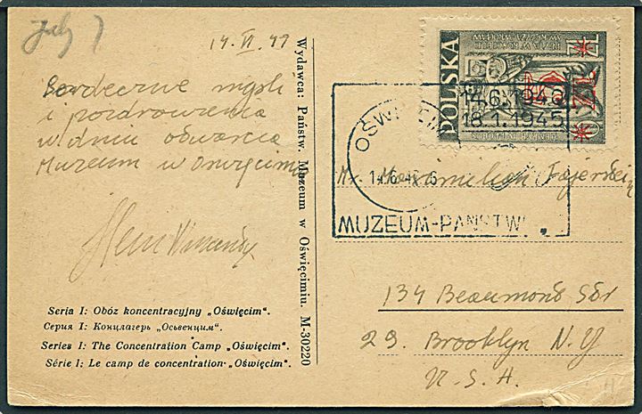5/6 zl. Provisorium på brevkort (KZ lejr Auschwitz) annulleret med særstempel fra Oświęcim (Auschwitz) museum d. 14.6.1949 til Brooklyn, USA. 