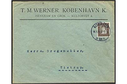 25 øre Chr. IV Postjubilæum med perfin W (T.M.Werner) fra Kjøbenhavn d. 14.1.1925 til Tistrup.