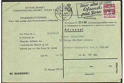 5 øre Bølgelinie med perfin L.G.A. Co. (London Guar. & Acc. Co.) på tryksag fra forsikringsselskabet Codan Liv i København d. 18.8.1945.