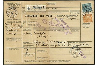 20 öre Gustaf og 90 öre Posthorn på internationalt adressekort for pakke fra Stockholm d. 27.2.1935 til Viborg, Danmark.
