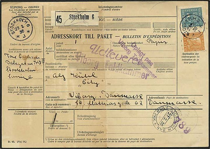 20 öre Gustaf og 90 öre Posthorn på internationalt adressekort for pakke fra Stockholm d. 27.2.1935 til Viborg, Danmark.