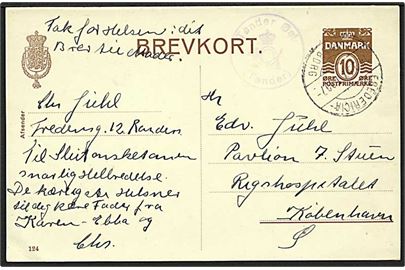 10 øre helsagsbrevkort (fabr. 124) fra Tønder annulleret med bureaustempel Fredericia - Flensborg T.997 d. 14.9.1937 og sidestemplet med posthornstempel Tønder Øst (Tønder) til København.