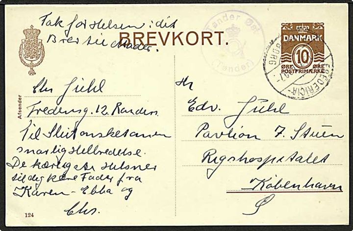 10 øre helsagsbrevkort (fabr. 124) fra Tønder annulleret med bureaustempel Fredericia - Flensborg T.997 d. 14.9.1937 og sidestemplet med posthornstempel Tønder Øst (Tønder) til København.