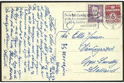 5 øre Bølgelinie og 15 øre Fr. IX på brevkort (Limfjordsbroen) stemplet Aalborg d. 22.2.1953 til Oppe Sundby. Skrevet ombord på statsisbryderen Storebjørn under arbejde i Limfjorden.
