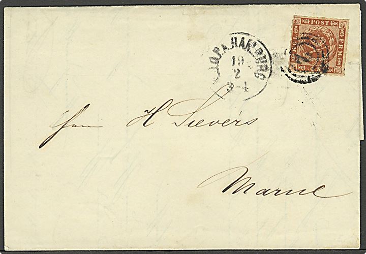 4 sk. stukken kant på brev annulleret med “2” og side-stemplet K.D.O.P.A. Hamburg d. 19.2.1864 til Marne. Afstemplet kort før det danske overpostamt i Hamburg blev beslaglagt d. 21.2.1864. Stemplet apteret d. 23.2. 1864 hvor K.D.O.P.A blev bortslebet.