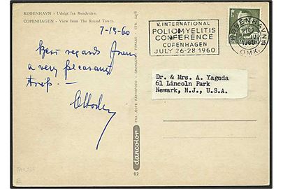 35 øre Fr. IX på brevkort annulleret med TMS V. International Poliomyelitis Conference ... / København OMK 23 d. 21.7.1960 til Newark, USA.