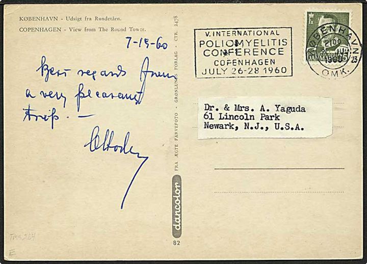 35 øre Fr. IX på brevkort annulleret med TMS V. International Poliomyelitis Conference ... / København OMK 23 d. 21.7.1960 til Newark, USA.