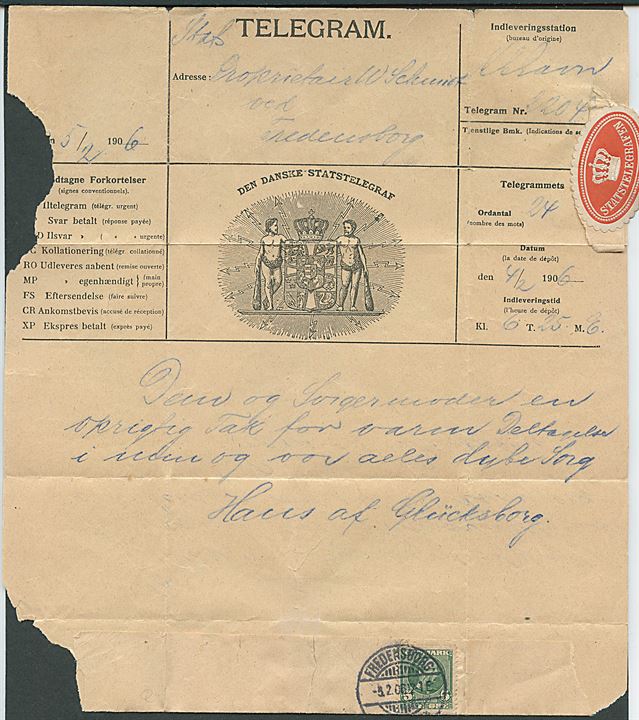5 øre Chr. IX på Statstelegraf telegram formular stemplet Fredensborg d. 5.2.1906. Fra Prins Hans af Glücksburg med tak for deltagelse i forbindelse med Chr. IX’s død (29.1.1906). Prins Hans var kongens lillebror. Rifter.
