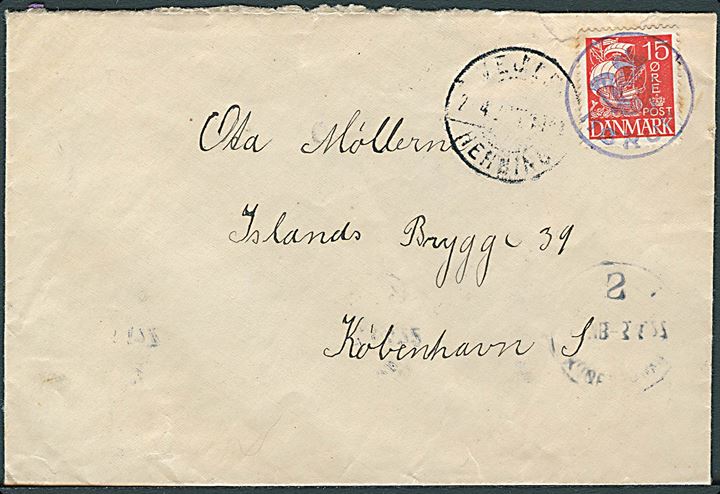 15 øre Karavel på brev annulleret med posthornstempel HØRUP og sidestemplet med svagt bureaustempel Vejle - Herning d. 2.4.1927 til København.