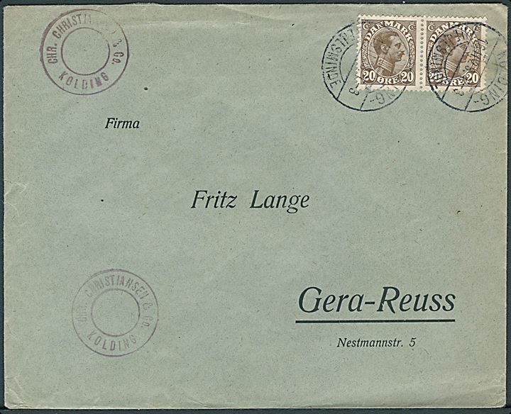 20 øre Chr. X i parstykke fra Kolding annulleret med bureaustempel Kolding - Hejlsminde T.3 d. 16.11.1923 til Gera-Reuss, Tyskland.
