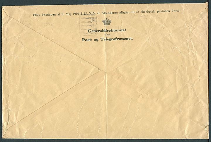 Franco-kuvert (Kv.6070 10/30) til tilbagesendelse af ubesørgelige breve m. TMS “Post-pakkeportoen nedsat i Nærtrafikken til 40 øre indtil 5 kg.”/København *OMK* d. 6.6.1933 til Rindsholm. Fold.