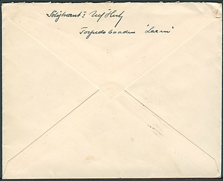 5 øre og 10 øre (par, tysk papir) Bølgelinie på søndags-brev med brotype IIc skibsstempel Kolby (Havn) d. 1.9. 1934 til København. Fra torpedobåden “Laxen”.