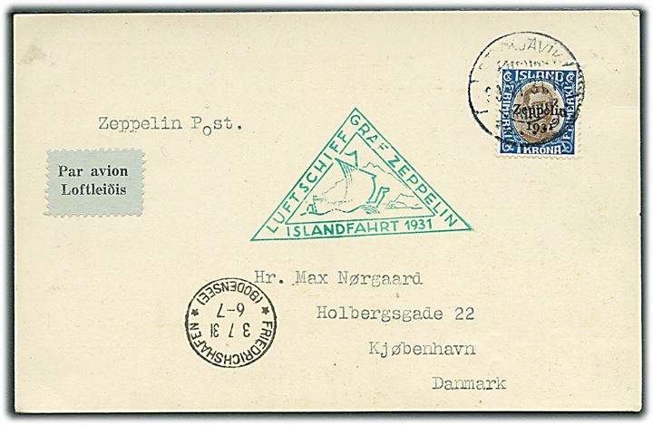 1 kr. “Zeppelin 1931” provisorium på luftpost brevkort stemplet Reykjavik d. 30.6.1931 via Friedrichshafen d. 3.7.1931 til København. Grønt flyvningsstempel: Luftschiff Graf Zeppelin Islandfahrt 1931.