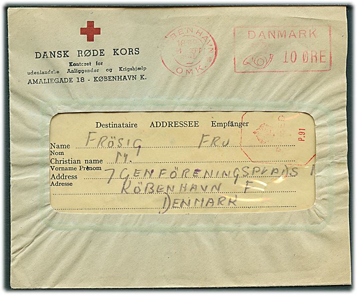 British Red Cross formular fra dansk sømand L. Frösig (S/S “Thyra S”) dateret d. 29.6.1944 til familie i København. Først ankommet til Danmark d. 8.9.1945 og fremsendt fra Dansk Røde Kors i København d. 14.9.1945. Britisk censur. 