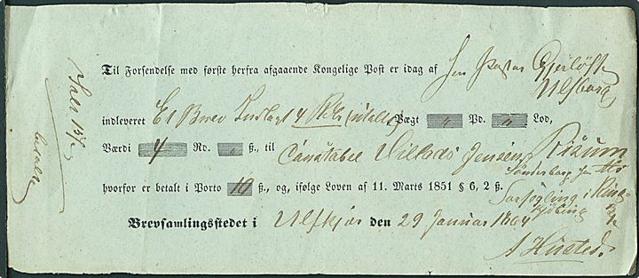 1864. Indleveringskvittering fra Brevsamlingssted for værdibrev fra Ulfborg indleveret i Ulfkjær d. 29.1.1864 til soldat i Sønderborg på Als. Påskrevet “Forsegling i Ringkjøbing 3 sk.”. Ulfkjær brevsamlingssted 1852-75.