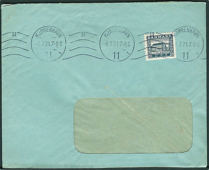 20 øre Genforening med automat-afskæring på rude-kuvert fra firma Dansk-Engelsk Benzin & Petroleums Co. i Kjøbenhavn d. 6.7.1921. 