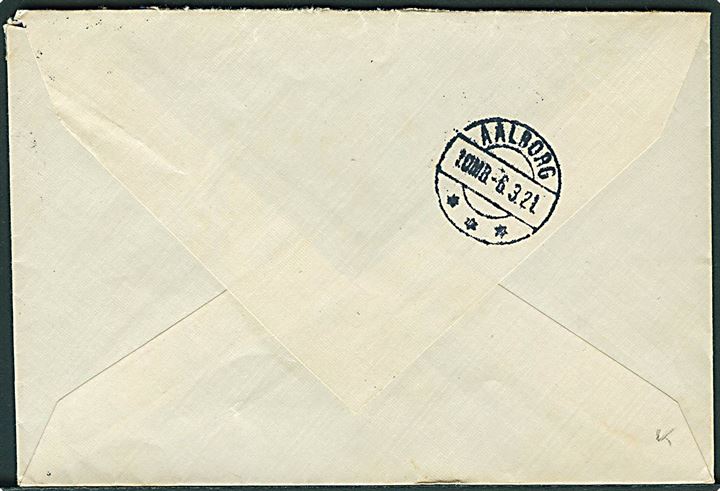 20 øre Genforening på brev annulleret med brotype Vb Dronninglund B. d. 5.3.1921 til Aalborg. 7 måneder tidligere end registreret af Vagn Jensen.