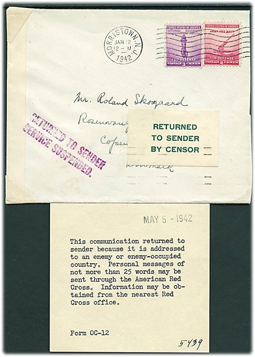 5 cents frankeret brev fra Morristown d. 12.1.1942 til København, Danmark. Åbnet af amerikansk censur og returneret med stempel Service Suspended og indlagt meddelelse Form OC-12 vedr. mulighed for forsendelse via Røde Kors. 