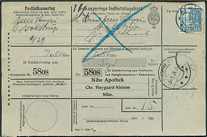 25 øre Karavel på retur Indkasserings-Indbetalingskort fra Nibe d. 3.4.1934 til Dalstrup pr. Godthaab St. Sjælden single frankatur.