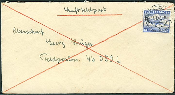 Luftfeltpostmærke på luftfeltpostbrev fra Hamburg d. 14.1.1943 til Oberscharf. Georg Krüger ved feldpost-nr. 46050 C = 2. Kompanie SS-Freikorps Danmark. 