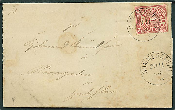 Norddeutscher Postbezirk 1 gr. stukken kant single på brev fra Sommerstedt d. 20.11.1868 via Woyens til Haderslev. Vanskeligt stempel.