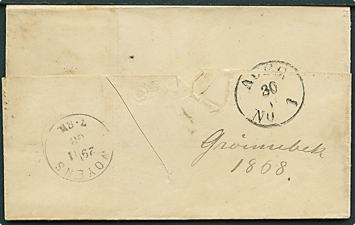Norddeutscher Postbezirk 1 gr. stukken kant single på brev fra Sommerstedt d. 20.11.1868 via Woyens til Haderslev. Vanskeligt stempel.