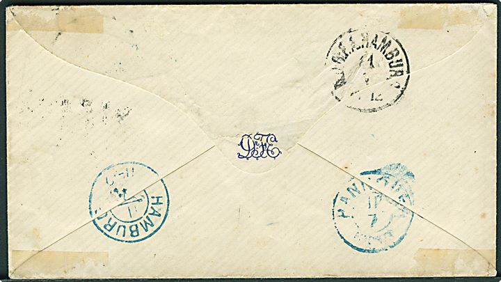 1863 (ca.). Portobrev med antiqua Kiel d. 10.7.(1862-3) til via K.D.O.P.A. Hamburg til Hannover. Blåt stempel Aus Daenemark fra det hannoveransk postkontor i Hamburg. Flere påtegninger. 
