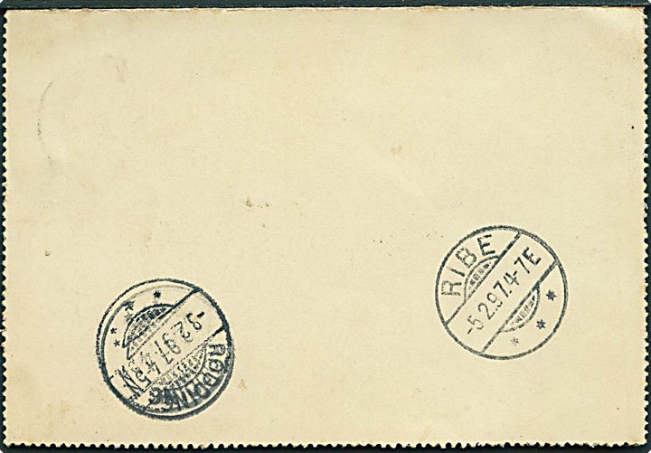8 øre helsags korrespondancekort sendt til Grænseporto fra Ribe d. 5.2.1897 til Københoved pr. Rødding i Nord-slesvig. Usædvanlig anvendelse af helsag.