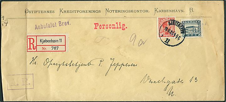 10 øre Chr. X og 20 øre Genforening på anbefalet lokal-brev mærket “A.R.” (Modtagelsesbevis) i Kjøbenhavn d. 19.11.1920. Liniestempel “Personlig”.  
