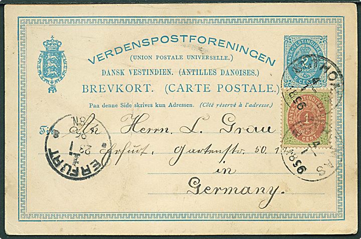 1 cent Tofarvet 9. tryk pos. 67 omv. ramme på 2 cents helsagsbrevkort fra St: Thomas d. 4.1.1896 til Erfurt, Tyskland. Dateret Charlotte Amalie d. 30.12.1895.