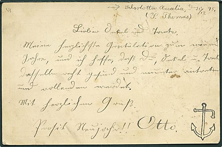 1 cent Tofarvet 9. tryk pos. 67 omv. ramme på 2 cents helsagsbrevkort fra St: Thomas d. 4.1.1896 til Erfurt, Tyskland. Dateret Charlotte Amalie d. 30.12.1895.