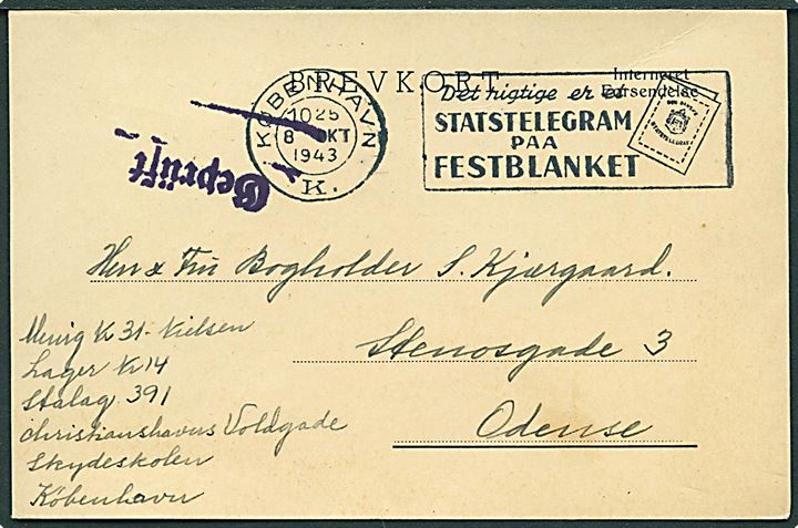 Ufrankeret fortrykt Interneret Forsendelse fra soldat på Ulriksholm pr. Kølstrup d. 29.9. stemplet i København d. 8.10.1943 til Odense. Afs. Lager Nr. 14, Stalag 391 m. mørk violet censurstempel Geprüft. 
