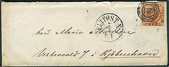 4 sk. stukken kant på brev annulleret med nr.stempel “221” og sidestemplet Feltpost No. 1 d. 7.3.1864 til Kjøbenhavn. Feltpostkontor No. 1 lå i Sønderborg.
