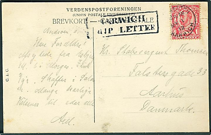 Engelsk 1d George V på brevkort (Englandsbåden “N. J. Fjord”) dateret Nordsøen og stemplet Parkeston Harwich d. 1.5.1912 og sidestemplet “Harwich Ship Letter” til Aarhus, Danmark.