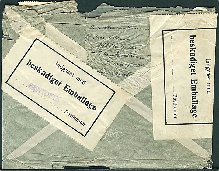 3d George VI Freds-udgave i parstykke på beskadiget luftpostbrev fra Chesterfield d. 15.6.1946 til Gentofte, Danmark.Kuvert medtaget og lukket med 2 fortrykte etiketter: Indgaaet med beskadiget Emballage fra Gentofte Postkontor. 