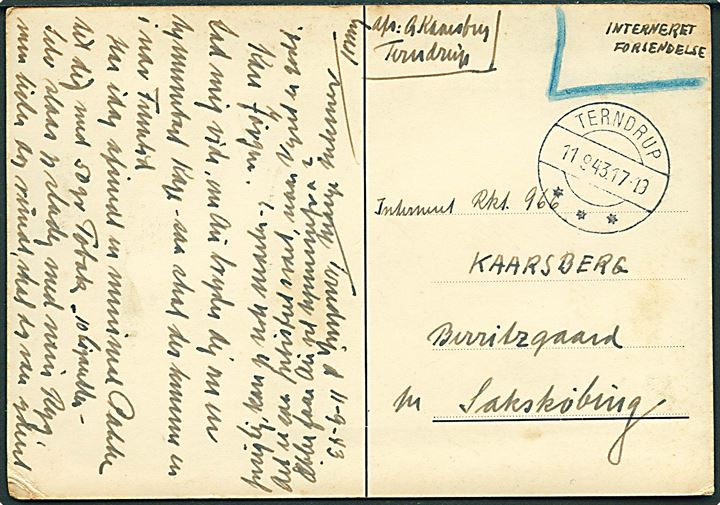 Ufrankeret interneret forsendelse fra Terndrup d. 11.9. 1943 til interneret soldat på Berritzgaard pr. Sakskøbing. Vanskeligt interneringslejr.