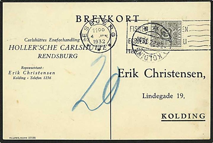 Ufrankeret svarbrevkort med TMS Fiskeriudstillingen Esbjerg / Esbjerg d. 4.6.1932 til Kolding. Udtakseret i porto med 20 øre Portomærke stemplet Kolding d. 8.5.1932.