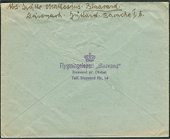 40 øre Posthusfranko fra Esbjerg d. 27.6.1946 på brev fra flygtning til Hamburg, Tyskland. På bagsiden afs.stempel (krone) / Flygtningelejren “Blaavand” / Blaavand pr. Oksbøl / Telf. Blaavand Nr. 14. 