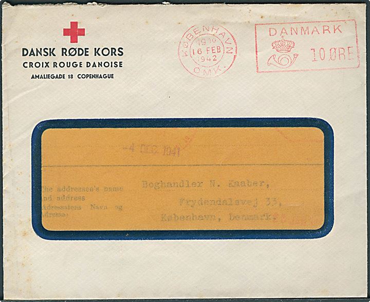 Britisk Red Cross Message Bureau 201 Brevformular fra Tandlæge Kaaber (Thorshavn, Færøerne) dateret d. 4.12.1941 via britisk og dansk Røde Kors til Køben-havn, Danmark. Medfølger rudekuvert fra Dansk Røde Kors i København d. 16.2.1942. Bagklap mgl.