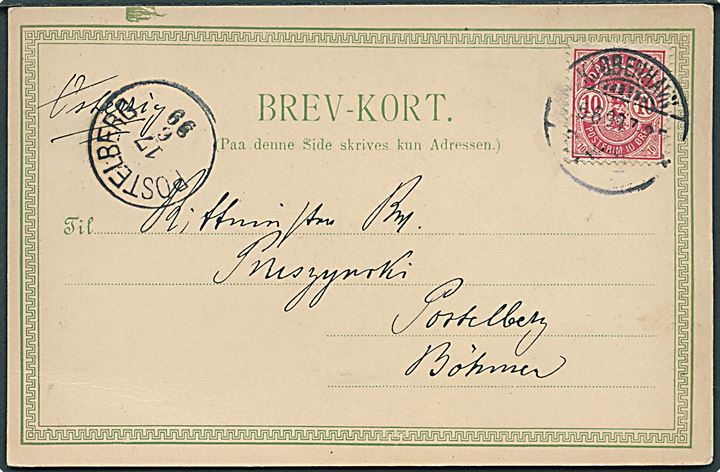 10 øre Våben med variant “Streg til venstre for Våben-skjoldet” på brevkort (Hilsen fra Kjøbenhavn. Dronning Louises Bro) fra Kjøbenhavn d. 15.6.1899 til Postelberg, Böhmen, Østrig. 