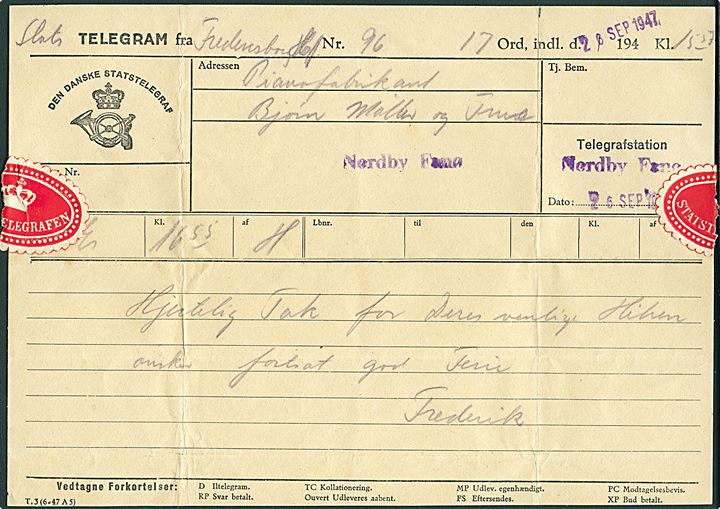 Frederik IX. Telegram påskrevet Stats-Telegram mod-taget ved Telegrafstationen Nordby Fanø d. 26.9. 1947  med meddelelse fra Hoftelegrafen på Fredensborg under-skrevet “Frederik”. 